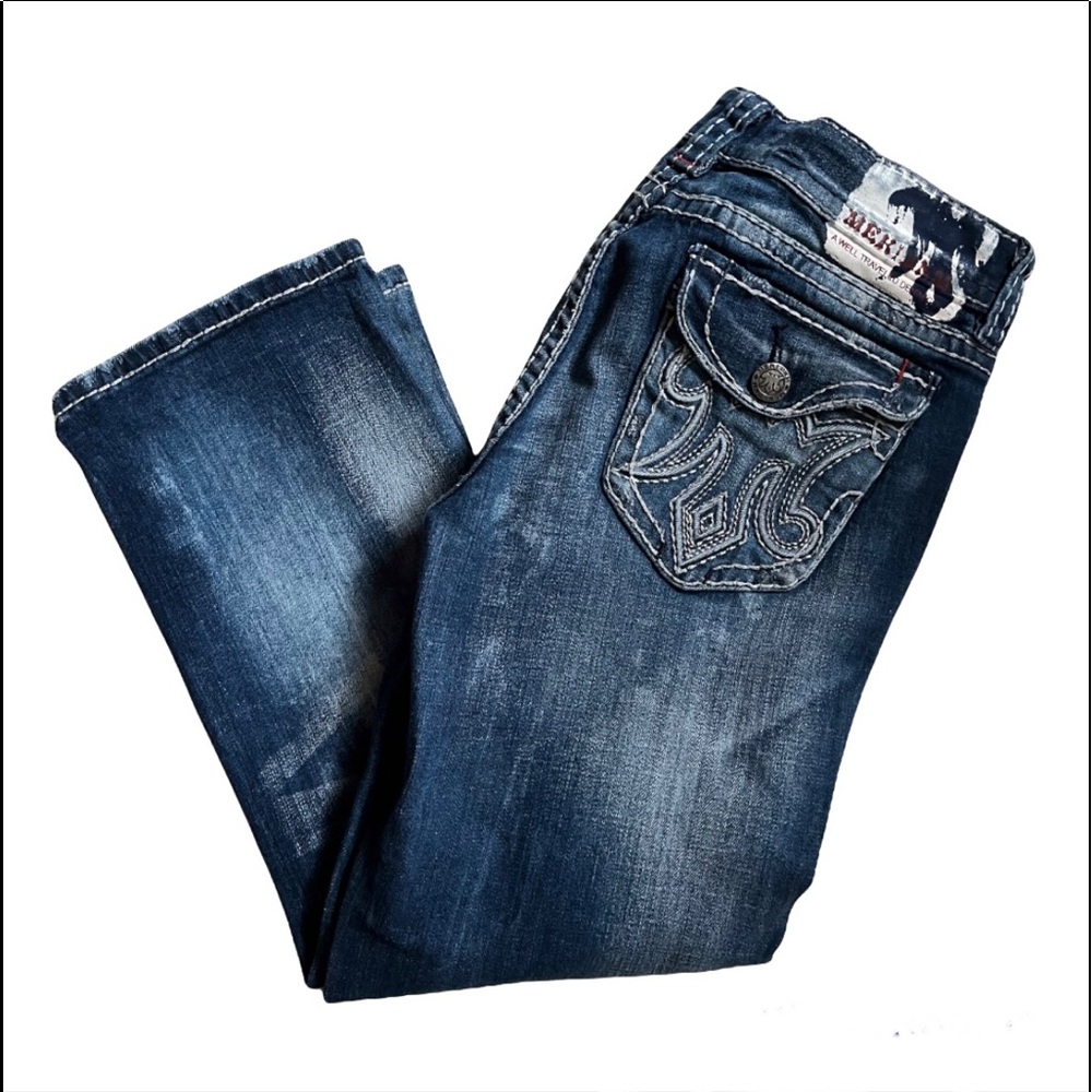 MEK BNM OAXACA Capri distressed washed dark denim low rise flap pocket jeans 30